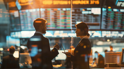 A financial reporter interviewing a market analyst on a bustling trading floor, the dynamic backdrop of screens and traders highlighting the pulse of the financial world, natural l - obrazy, fototapety, plakaty