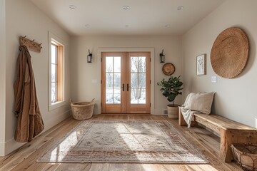 Warm and welcoming Scandinavian minimalist foyer with wooden accents and cozy decor