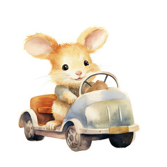 Obraz premium Little Fox Driving a Car Watercolor Painting