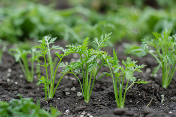 Carrot seedlings growing in soil