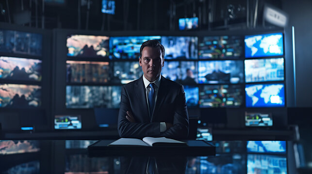 An anchor delivering the evening news with a backdrop of multiple monitors showing live feeds from correspondents around the world, highlighting the network's comprehensive coverag