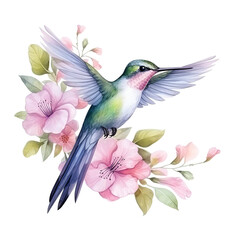 Hummingbird With Pink Flowers Watercolor Painting