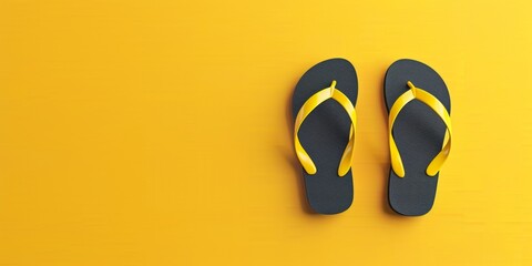 Black flip-flops with yellow straps on a yellow background. Set of stylish flip-flops on yellow background with space for text, top view 3D rendering
