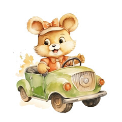 Fototapeta premium Little Fox Driving a Car Watercolor Painting