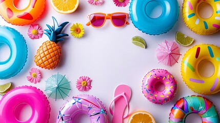 frame of summer vibes concept with colorful pool party items, funny sunglasses, cocktail glasses, pineapple and donut inflatable drink holders, flip flops and flower necklaces on white background - obrazy, fototapety, plakaty