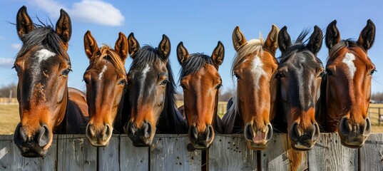 A group of horses in various colors and sizes, all standing close together behind the wooden fence at an horse farm on sunny day. AI generated illustration - obrazy, fototapety, plakaty