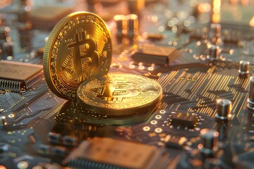 Golden bitcoin on the background of computer motherboards, in the style of high tech, closeup, 3D rendering, high resolution photography, high detail, studio lighting, intricate details 