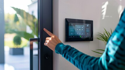 Person setting a smart home alarm system on a touchscreen panel - obrazy, fototapety, plakaty