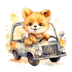 Fototapeta premium Little Fox Driving a Car Watercolor Painting