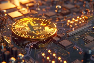 Golden bitcoin on the background of computer motherboards, in the style of high tech, closeup, 3D rendering, high resolution photography, high detail, studio lighting, intricate details 