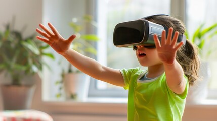 Excited young child exploring new worlds with virtual reality headset at home