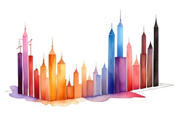 Obraz premium Watercolor Skyline: Artistic City Silhouette. A watercolor painting of a city skyline, blending vibrant urban life with the fluidity of art, perfect for contemporary decor and metropolitan themes.