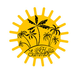 Logo sun and palm trees. Hello summer. hand drawing. Not AI. Vector illustration