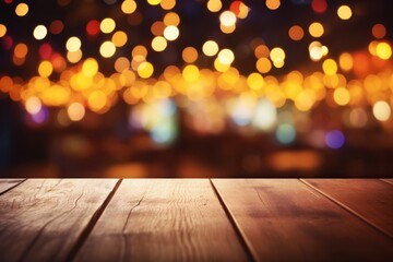 Empty dark wooden table in front of abstract blurred bokeh background of restaurant. Can be used for display or montage your products. Mock up for space. High quality photo - obrazy, fototapety, plakaty