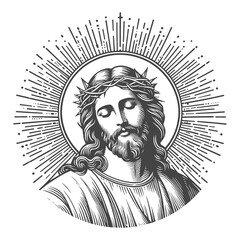 Jesus Christ bible religious christian character sketch engraving generative ai fictional character vector illustration. Scratch board imitation. Black and white image.