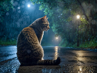 Katze alleine auf der Straße - obrazy, fototapety, plakaty