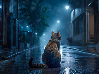 Einsame Katze auf einer Dorfstraße - obrazy, fototapety, plakaty