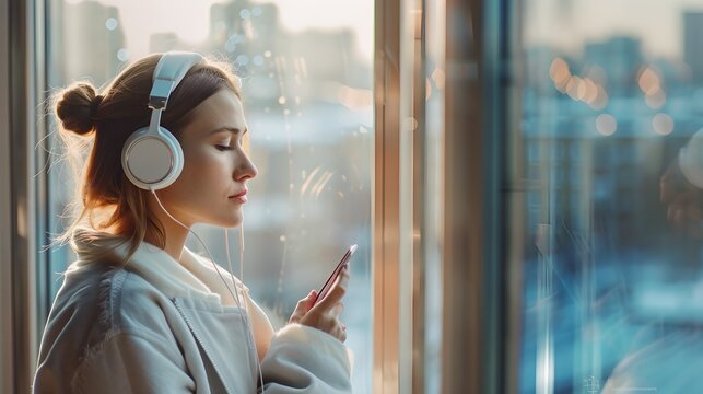 Serene Woman Enjoying Music on Headphones during Golden Hour. Casual Home Style, Urban Backdrop, Leisure Time. AI