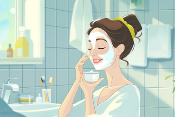 Woman Applying Facial Mask for Skincare Routine in Bathroom. Self Care Moment. Female Character Enjoying Face Treatment at Home