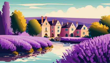 French landscape with French houses, river and lavender, delicate pastel colors