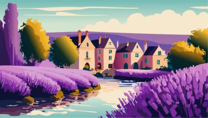Fotobehang French landscape with French houses, river and lavender, delicate pastel colors © Gnevkovska