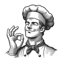 italian or french chef making a perfect taste hand gesture, culinary excellence satisfaction sketch engraving generative ai fictional character vector illustration. Black and white image. - obrazy, fototapety, plakaty