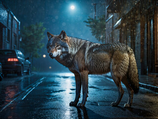 Wilder Wolf auf einer Dorfstraße
