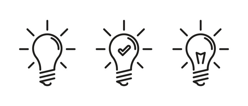 Set of light bulb linear icons with rays and check mark. concept of creativity in business.