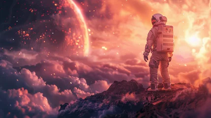 Zelfklevend Fotobehang illustration of Astronaut on another planet space exploration, gateway to another universe.space, cosmonaut and galaxy for poster, banner , future, science fiction, astronomy © Mahnoor
