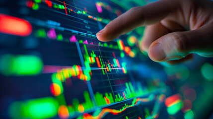 Analyzing Financial Data on Digital Stock Market Chart. A finger points to a digital stock market chart, analyzing fluctuating financial data and market trends on a glowing screen. - obrazy, fototapety, plakaty