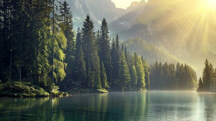 lake and coniferous forest at Mountain foot  - obrazy, fototapety, plakaty