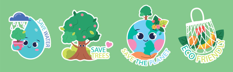 Set of colorful environmental stickers in cartoon style. Vector illustration of stickers with care for nature: drop of water, tree, planet, eco bag with inscriptions isolated on green background.