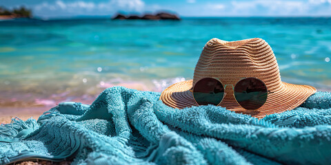 Beach landscape, hat and sunglasses, blue towel. Vacation concept