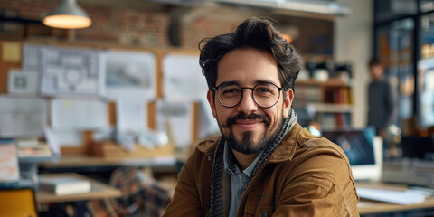 Obraz premium Latino architect in office, smiling at camera
