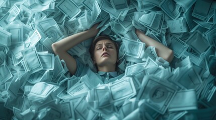 Man tangled in financial bills, symbolizes the complexity and entrapment of financial indebtedness. - obrazy, fototapety, plakaty