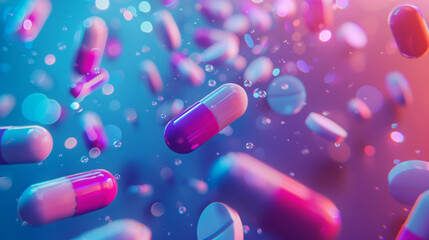3d rendering of many colorful pills floating in air on blue background. AI. - obrazy, fototapety, plakaty