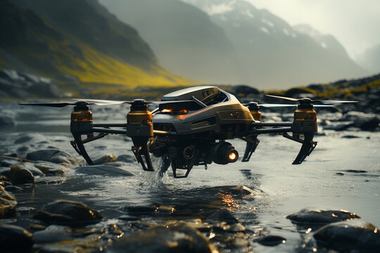 A cinematic drone capturing breathtaking aerial views of scenic landscapes, adding a new dimension to visual storytelling Modern technologies. Industrial drone to increase productivity