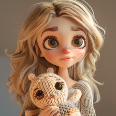 Blonde girl in a knitted sweater with a knitted toy in her hands, 3D style