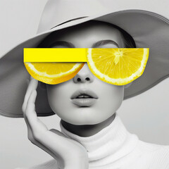 Portrait of beautiful young woman with lemon on her face. Beauty, fashion concept.