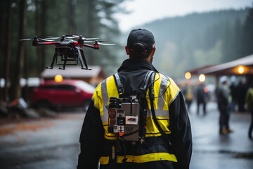 A drone-guided paramedic swiftly reaching a remote location, offering immediate medical assistance during critical moments Modern technologies. Industrial drone to increase productivity - obrazy, fototapety, plakaty