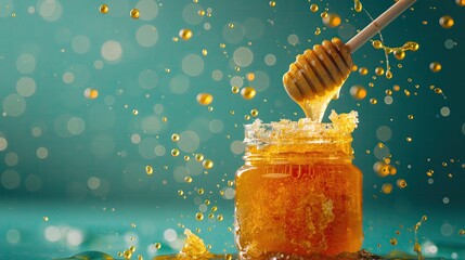 Gourmet honey with honeycomb and dipper - obrazy, fototapety, plakaty