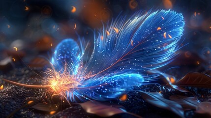 Close up illustration of blue glowing feathers on dark background with fantasy style