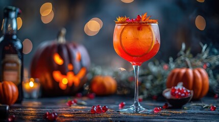 Halloween drink in a glass, amber stemware - obrazy, fototapety, plakaty