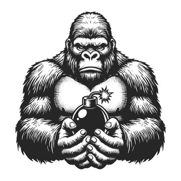gorilla with bomb grenade, blending wildlife with human conflict themes sketch engraving generative ai fictional character vector illustration. Scratch board imitation. Black and white image.
