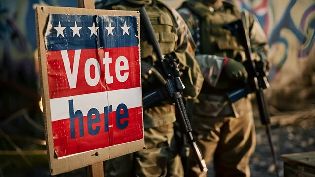 "Vote here" sign with two armed soldiers wearing combat fatigues and looking intimidating behind it