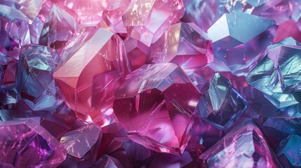 Close up photo of transparent pink and purple gemstone background, 3d rendering style