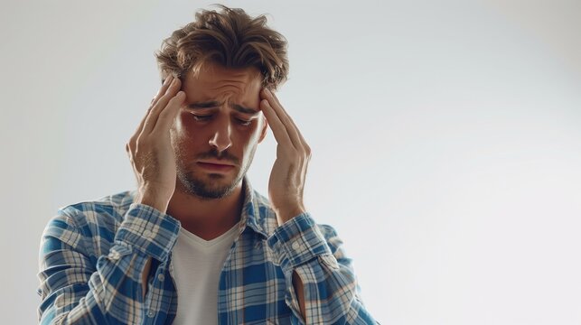 Man covers ears with hands in discomfort, likely from a headache
