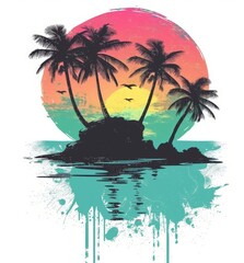 A vibrant sunset illuminates palm trees on a small island, casting long shadows across the landscape