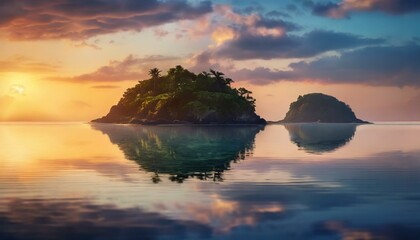 Lonely islands with a reflection in the water at sunset