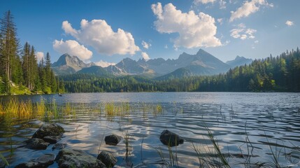 Mountain lake Strbske pleso in National Park High Tatra, Slovakia, Europe - obrazy, fototapety, plakaty